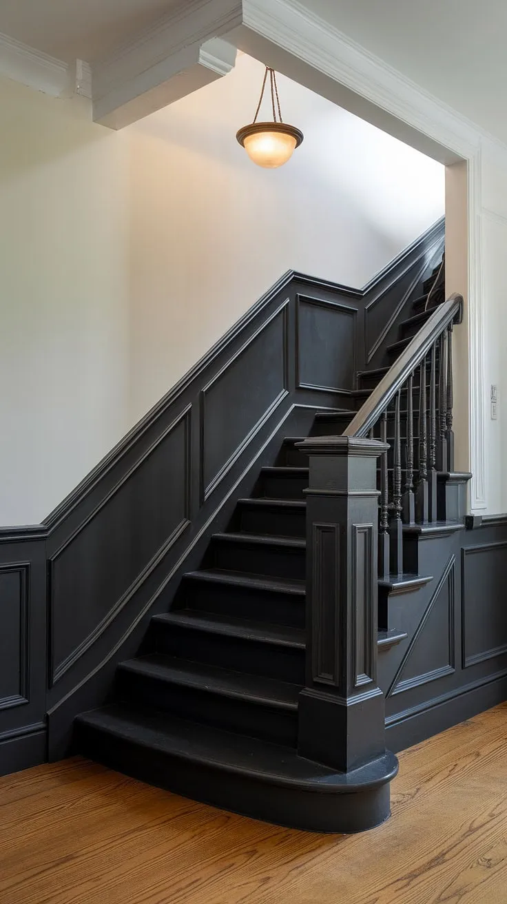 The rich black wainscoting staircase is the focal point of this breathtaking stairwell design.  This wood wall stairs installation, complete with sophisticated molding on stairway wall, offers a timeless elegance.  Consider this a prime example of wainscoting ideas stairway and accent stair wall design. The black staircase wall is a showstopper, perfect for those seeking stairwell design ideas and a staircase walls makeover with lasting impact.