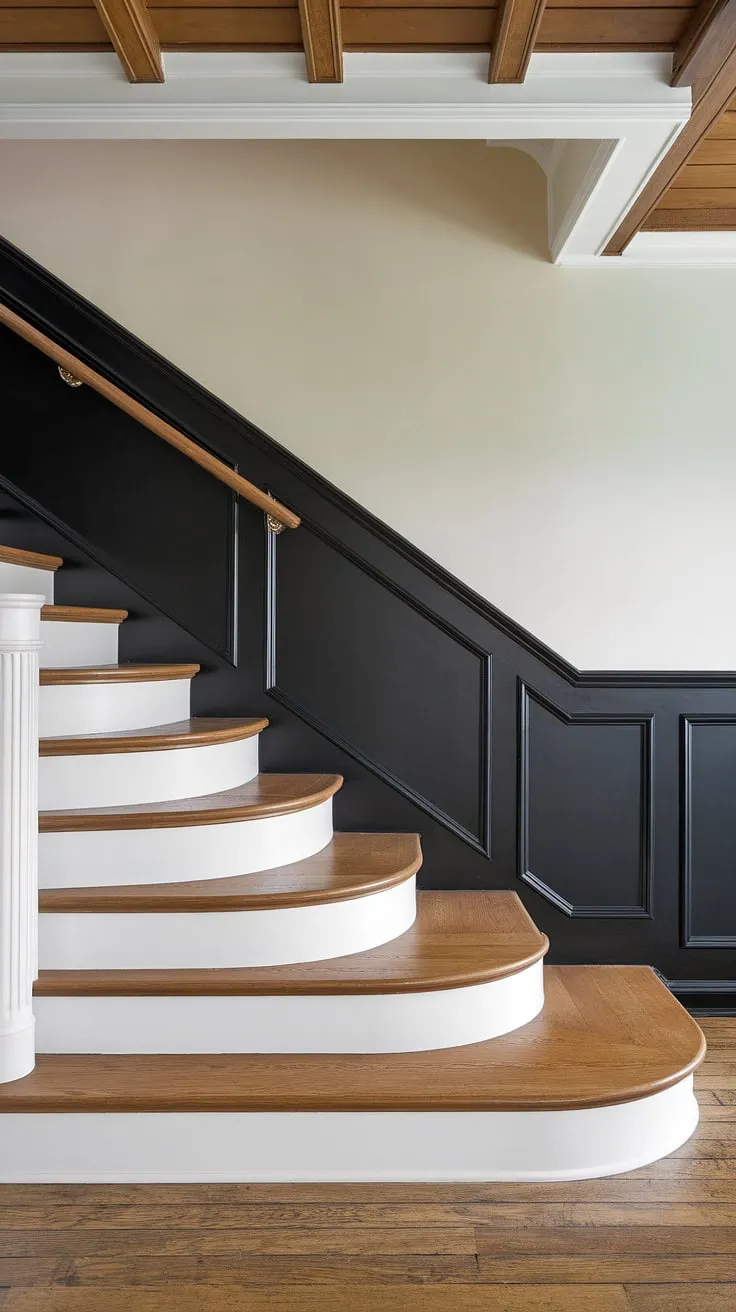 This stunning stairwell design showcases a dramatic black wainscoting staircase, creating a striking accent stair wall.  The white molding above the black wainscoting adds a touch of elegance, while the wood wall stairs and wooden beams complement the rich tones.  This wall feature staircase is a perfect example of wainscoting ideas stairway and offers inspiring stairwell design ideas for a staircase walls makeover.