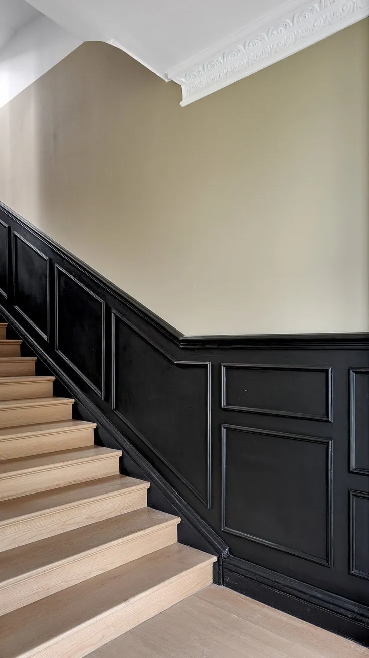 The dramatic black staircase wall instantly elevates this space.  This black wainscoting staircase is a stunning example of how a simple wall feature can make a huge impact. The wood wall stairs and subtle molding on the stairway wall add texture and warmth, showcasing clever wainscoting ideas stairway.  Consider this a perfect illustration of stairwell design ideas for your own staircase walls makeover.