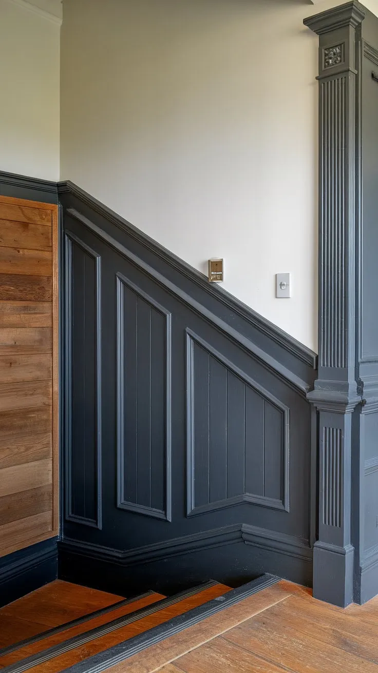 The elegant black wainscoting staircase, a stunning wall feature staircase, commands attention.  Note the rich wood wall beneath, complementing the white-painted upper wall and showcasing clever wainscoting ideas stairway. This stairwell design ideas masterpiece, with its thoughtful molding on stairway wall, elevates the entire space.  The accent stair wall is a testament to sophisticated staircase walls makeover.