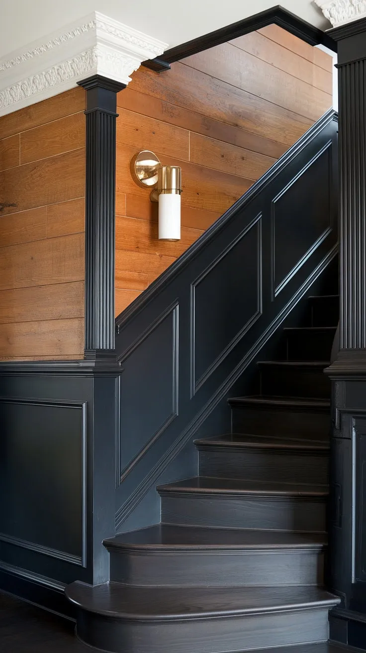 The dark wood wall stairs and black staircase wall create a dramatic yet refined atmosphere in this home.  The wood wall stairs are beautifully complemented by the black wainscoting staircase and the detailed molding on the stairway wall. This is a masterclass in stairwell design ideas, offering inspiring wainscoting ideas stairway for your own home's accent stair wall.