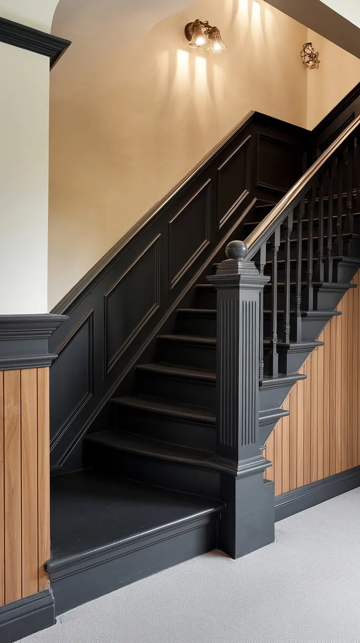 The dramatic black staircase wall, featuring black wainscoting staircase and intricate molding on the stairway wall, transforms this stairwell into a work of art.  The wood wall stairs and rich wood paneling below create a luxurious contrast. This wall feature staircase offers exceptional stairwell design ideas and is a masterclass in staircase walls makeover, showcasing the impact of a well-executed accent stair wall.