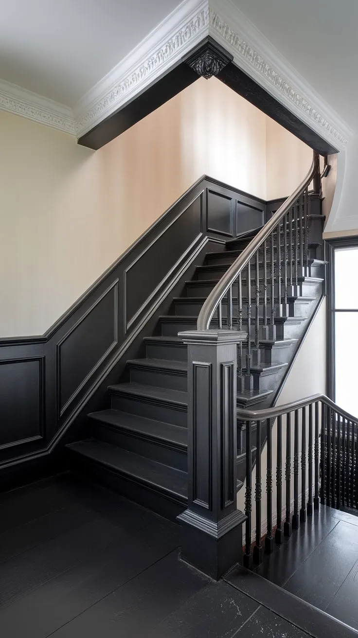 This elegant stairwell showcases a stunning black wainscoting staircase, a true masterpiece of stairwell design ideas. The accent stair wall, complete with molding on the stairway wall, elevates the space, transforming it into a show-stopping wall feature staircase.  The wood wall stairs and wainscoting ideas stairway create a classic and timeless appeal, perfect for a staircase walls makeover.
