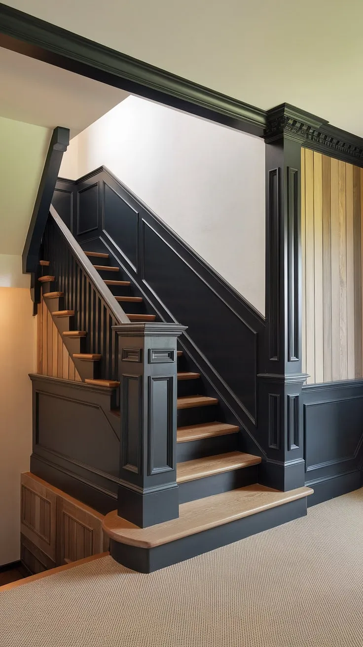 Sophisticated elegance meets modern design in this stunning stairwell. The black wainscoting staircase, a show-stopping wall feature staircase, creates a dramatic backdrop, while the white accent stair wall adds brightness and airiness.  This staircase walls makeover showcases clever wainscoting ideas stairway, perfectly complemented by the molding on stairway wall and wood wall stairs.  The overall effect is a testament to innovative stairwell design ideas.