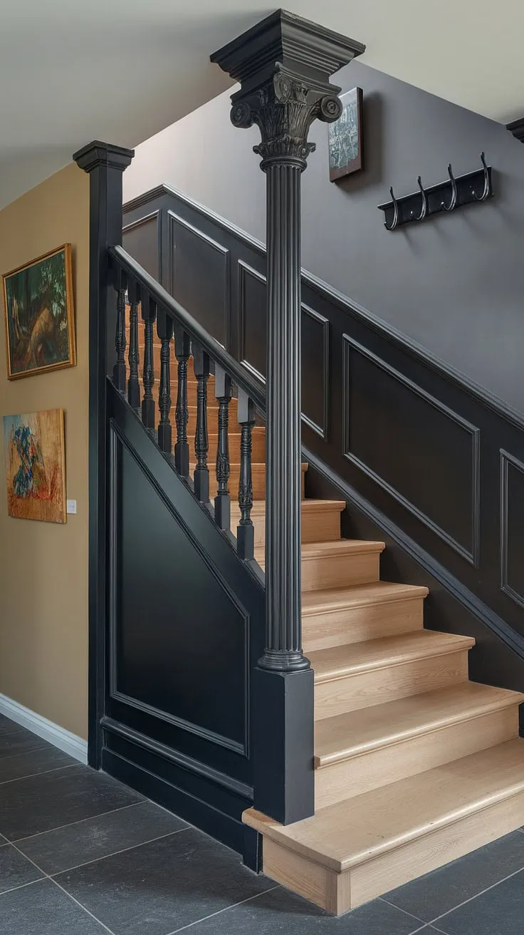 Elevate your home's style with this captivating wall feature staircase.  The black staircase wall, featuring intricate wainscoting ideas stairway and elegant molding on the stairway wall, creates a dramatic backdrop for the light wood wall stairs. This black wainscoting staircase is a showstopper, offering inspiration for your own stairwell design ideas.  The thoughtful use of color and texture makes this a truly unique staircase walls makeover.