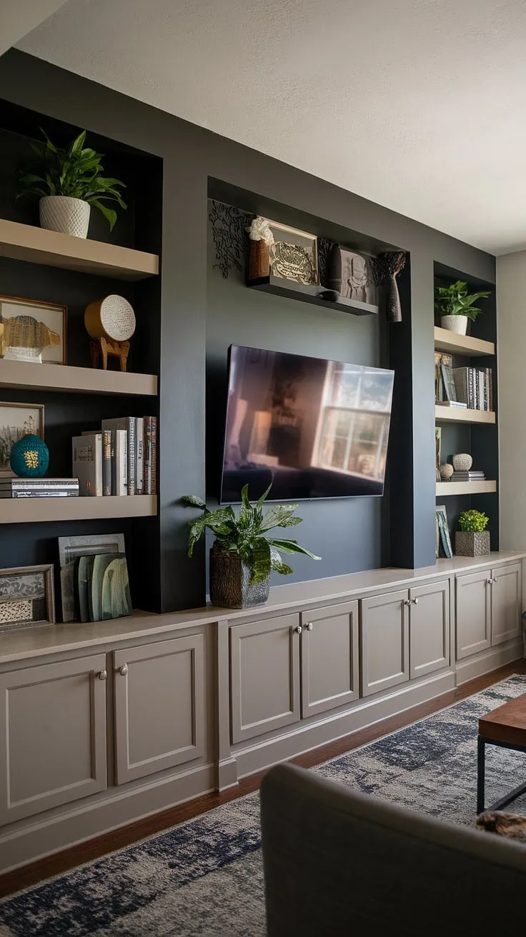 This living room showcases a stunning example of tv wall ideas, with a dark accent TV wall that's both stylish and practical. The integrated shelving provides ample space for TV wall organization, while the tasteful paneling elevates the overall design. This transitional TV wall design offers inspiration for tv wall with panels and demonstrates how to incorporate tv wall shelving ideas into a cohesive and elegant living space. Consider this a masterclass in accent wall paneling living room design.