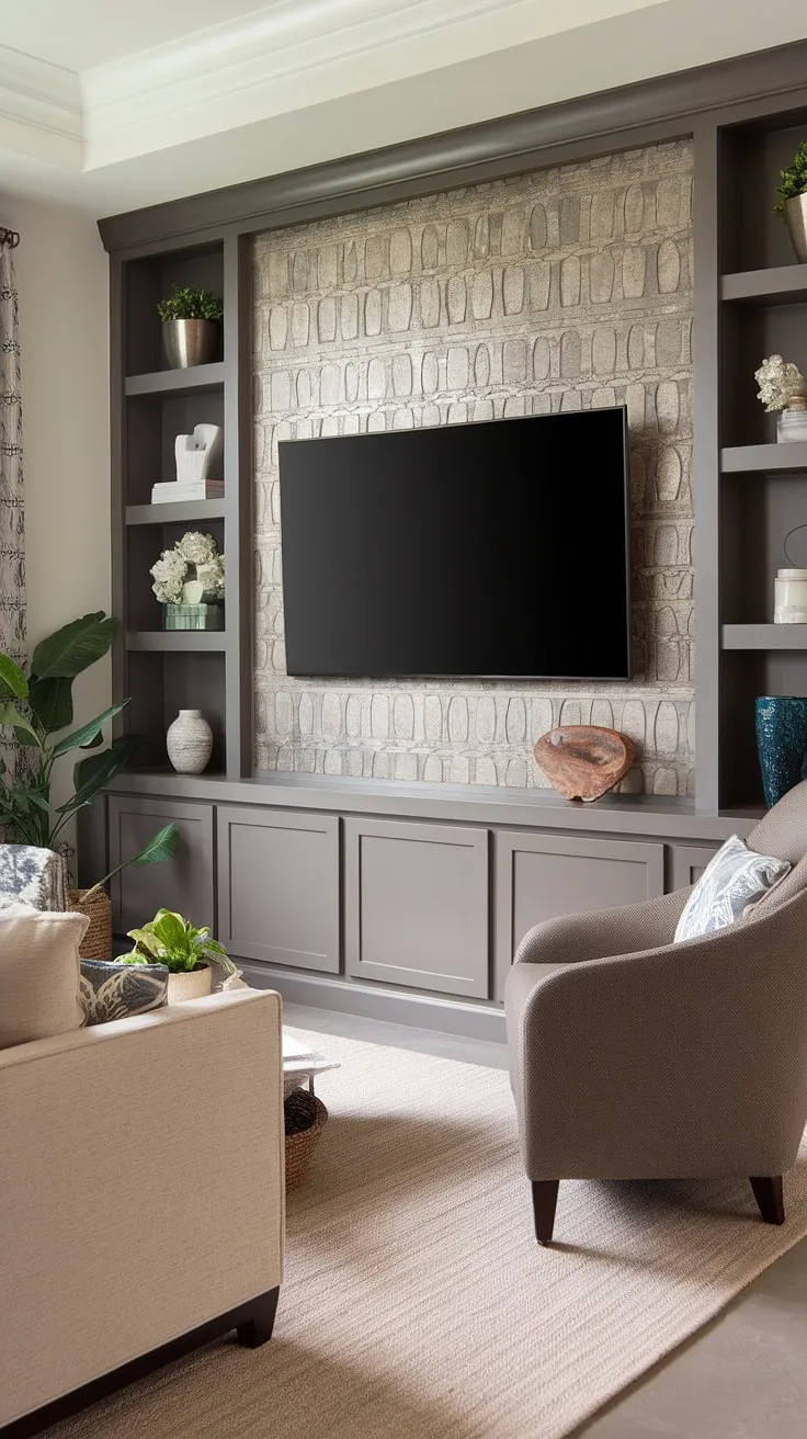 This transitional living room showcases a stunning accent TV wall, a perfect example of TV wall shelving ideas and TV wall organization. The built-in shelving displays decorative items, while the unique patterned panel above the TV adds visual interest, creating a sophisticated TV wall with panels. This accent wall paneling living room design offers clever TV wall ideas and a seamless blend of style and functionality, embodying a transitional TV wall design. Ideas for a TV wall don't get much better than this.