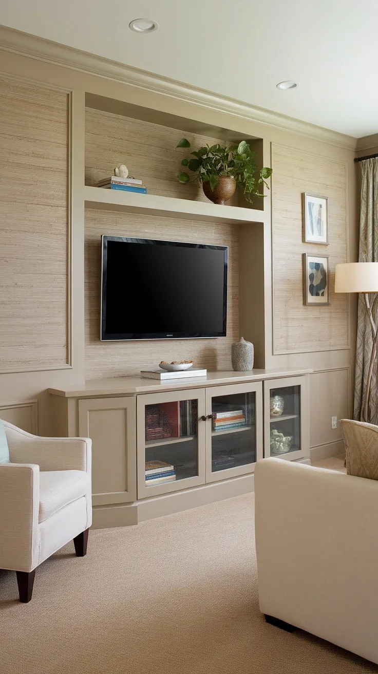 This transitional living room showcases a stunning accent TV wall, a perfect example of TV wall organization. The beige woodgrain paneling, a chic choice for accent wall paneling in a living room, creates a warm backdrop for the built-in cabinet with glass doors, offering clever TV wall shelving ideas. A potted plant adds a touch of life above the cabinet, completing this sophisticated and functional transitional TV wall design. The white sofa and beige armchair provide comfortable seating, while the floor lamp adds a warm glow to the space. This is a prime example of ideas for a TV wall, demonstrating how to seamlessly integrate style and storage.
