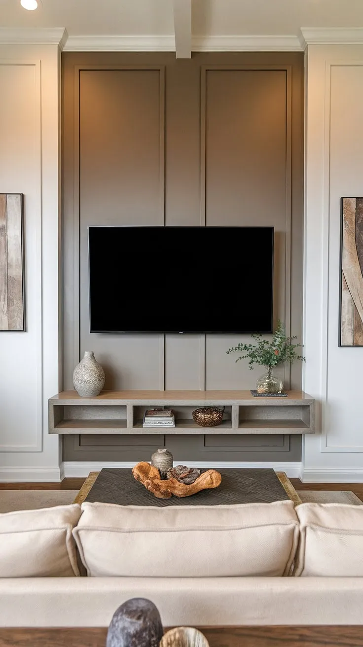 This transitional TV wall design seamlessly blends style and functionality. The accent TV wall, featuring elegant accent wall paneling, creates a focal point, while the thoughtfully designed TV wall shelving ideas offer practical TV wall organization. A few carefully chosen items, like a decorative vase and small plant, add personality. The beige sofa and wooden coffee table complete the warm and inviting ambiance, showcasing clever tv wall ideas and providing inspiration for your own tv wall with panels.