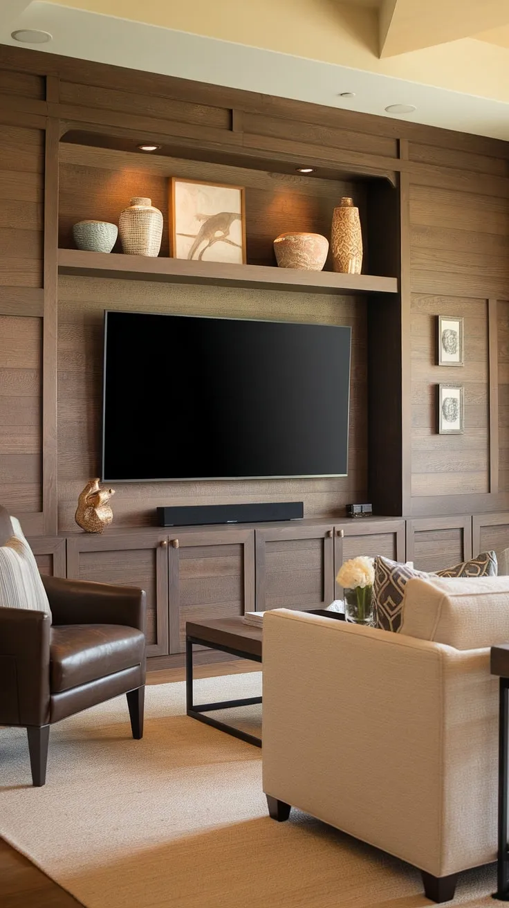 Warm lighting enhances the sophisticated transitional style of this living room, anchored by a stunning accent TV wall. The TV wall with panels features clever tv wall shelving ideas, providing ample tv wall organization and showcasing decorative items. This accent wall paneling living room design offers inspiration for tv wall ideas and demonstrates a seamless blend of form and function in transitional tv wall design. Ideas for a tv wall often focus on functionality, but this design proves that style and organization can coexist beautifully.