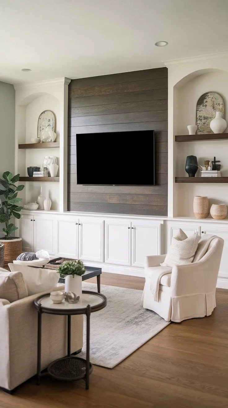 Sophisticated and practical, this accent TV wall showcases clever tv wall organization and stylish tv wall shelving ideas. The dark wood paneling adds a touch of elegance to this transitional tv wall design, making it a prime example of ideas for a tv wall.