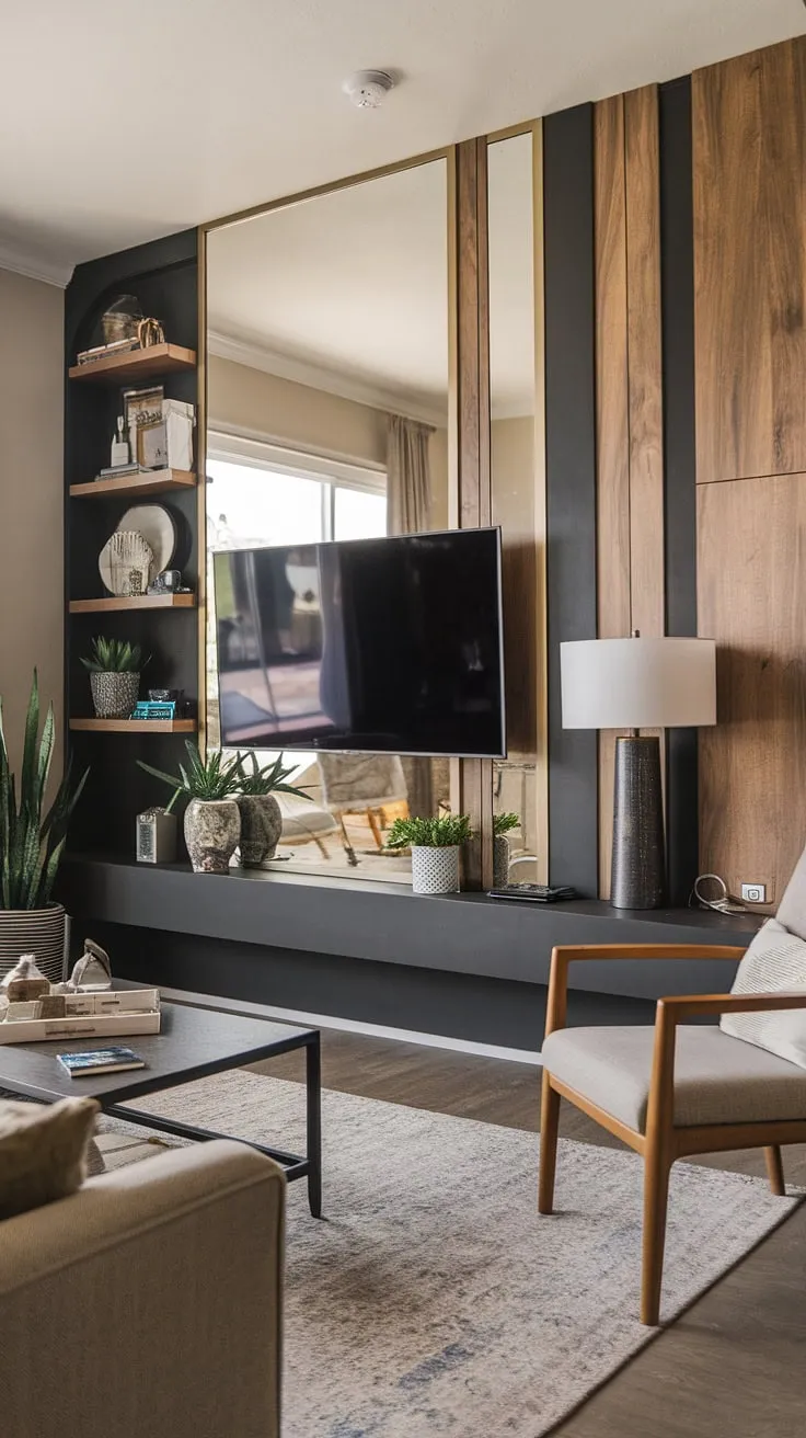 This transitional living room boasts a stunning accent TV wall, showcasing creative TV wall shelving ideas and impeccable TV wall organization. The clever use of a TV wall with panels—a mix of mirror, wood, and black—creates a dynamic focal point, offering inspiration for anyone seeking ideas for a tv wall. The result is a sophisticated and functional accent wall paneling living room, exemplifying a transitional TV wall design.