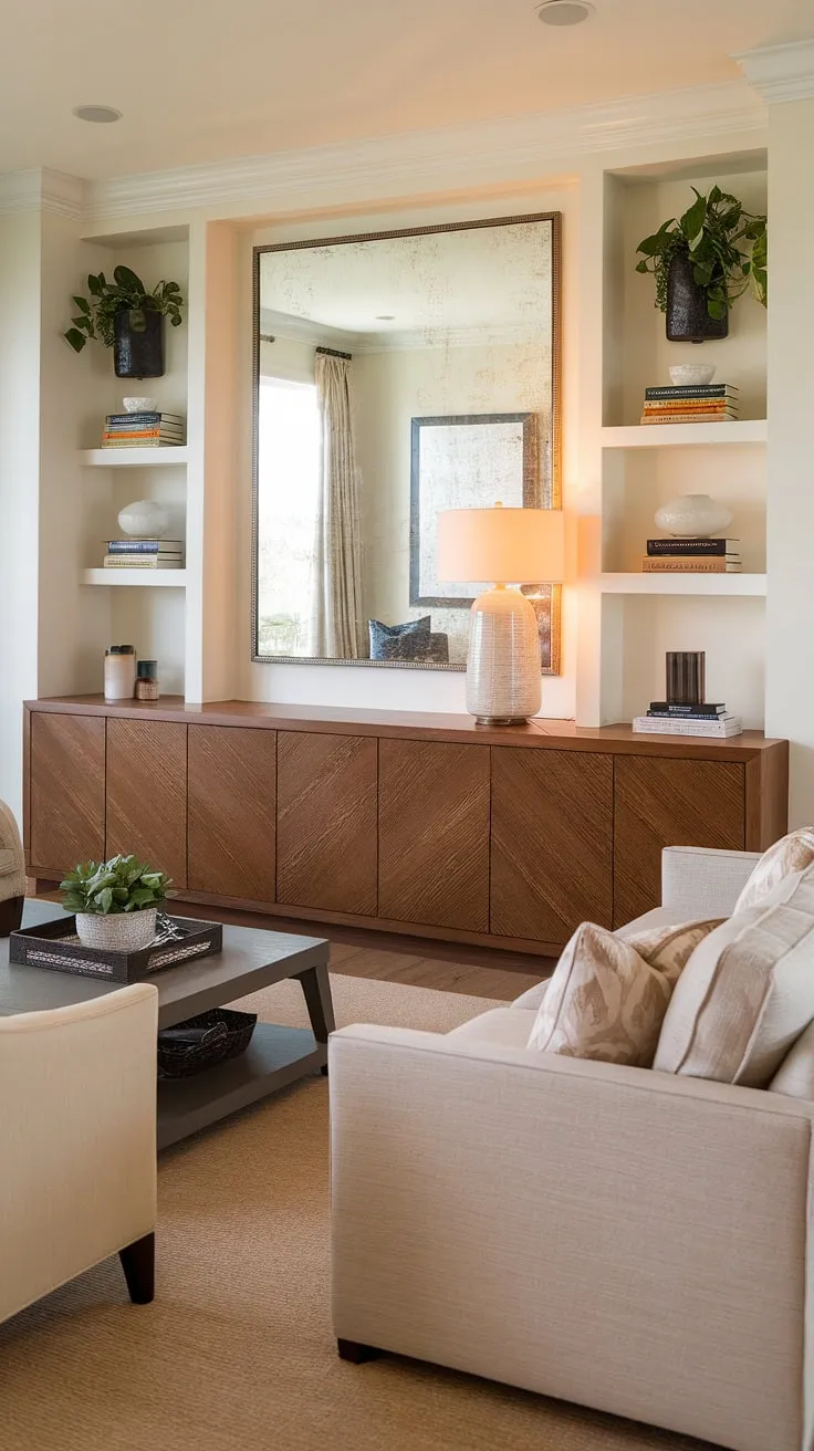 This accent TV wall is the perfect blend of form and function. The tv wall with panels and built-in cabinetry offers smart tv wall organization, while the mirror and shelves provide stylish tv wall shelving ideas. Find more ideas for a tv wall in this transitional tv wall design.