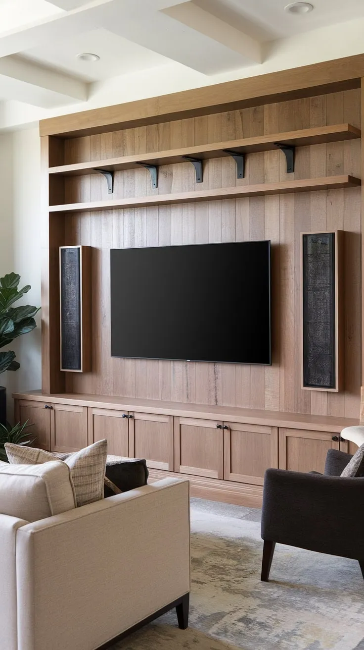 Transform your living room with this accent wall paneling living room design. Our ideas for a tv wall include this beautiful transitional TV wall design, featuring a custom-built tv wall with panels and ample tv wall organization. Explore more tv wall ideas here.