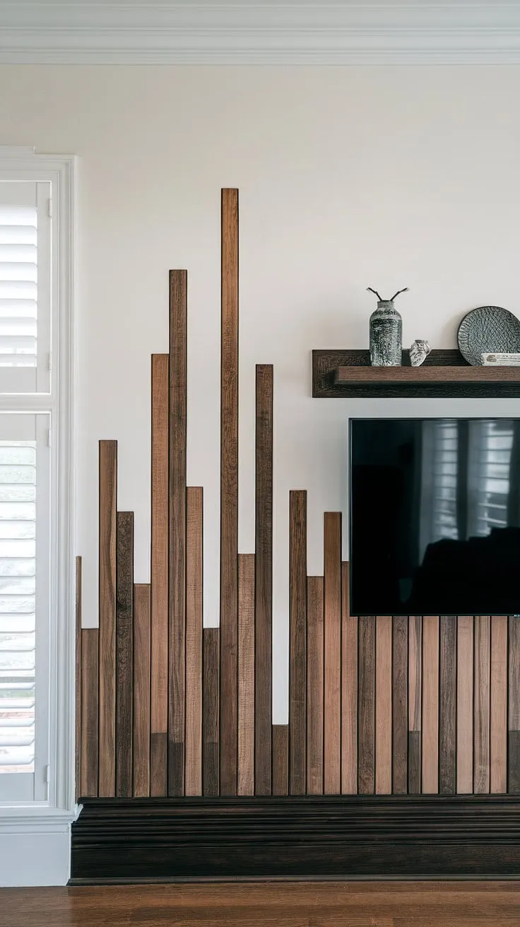 This transitional TV wall design showcases clever TV wall organization with a stunning accent TV wall. The varying heights of the wooden panels create visual interest, offering ample tv wall shelving ideas above the TV for decorative items. The dark wood base complements the lighter panels, making this accent wall paneling living room feature a true focal point. Note the thoughtful integration of the TV into the design, providing ideas for a tv wall that's both stylish and functional.