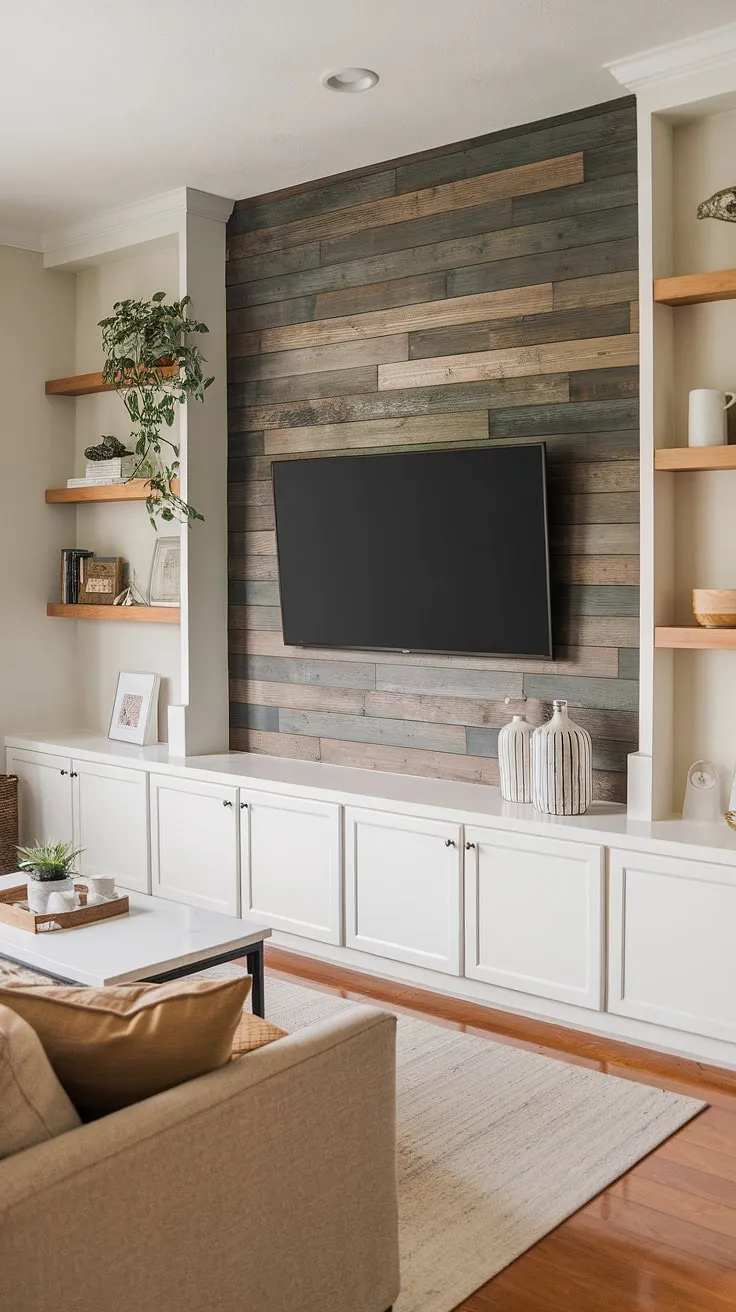 Transform your living room with this accent TV wall. The tv wall with panels and integrated shelving provides ample tv wall organization, showcasing a seamless transitional TV wall design. Explore more tv wall ideas and ideas for a tv wall that perfectly suits your style. This accent wall paneling living room setup is a masterclass in design.
