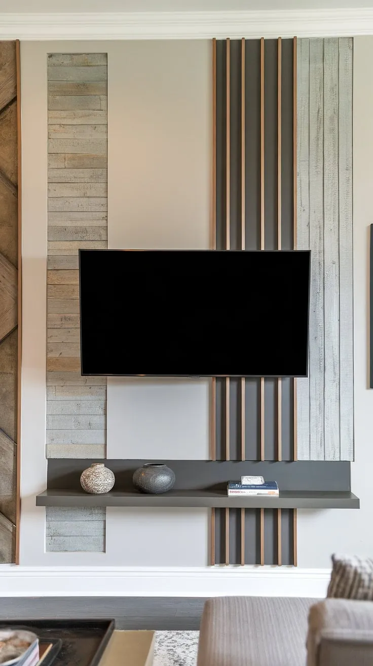 This transitional tv wall design seamlessly blends textures, offering both style and smart tv wall organization. The accent tv wall with panels and tv wall shelving ideas creates a focal point, showcasing creative ideas for a tv wall.
