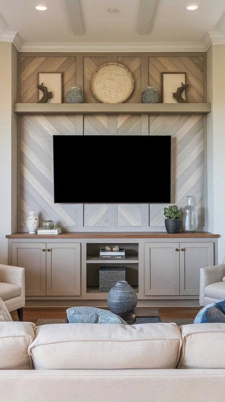 This transitional TV wall design seamlessly blends light and dark wood paneling for a sophisticated accent TV wall. The built-in cabinetry below offers clever TV wall organization, while the upper shelving provides ample space for decor, showcasing creative TV wall shelving ideas. The beige sofa and hardwood floors complete the look, offering inspiration for your own ideas for a tv wall.