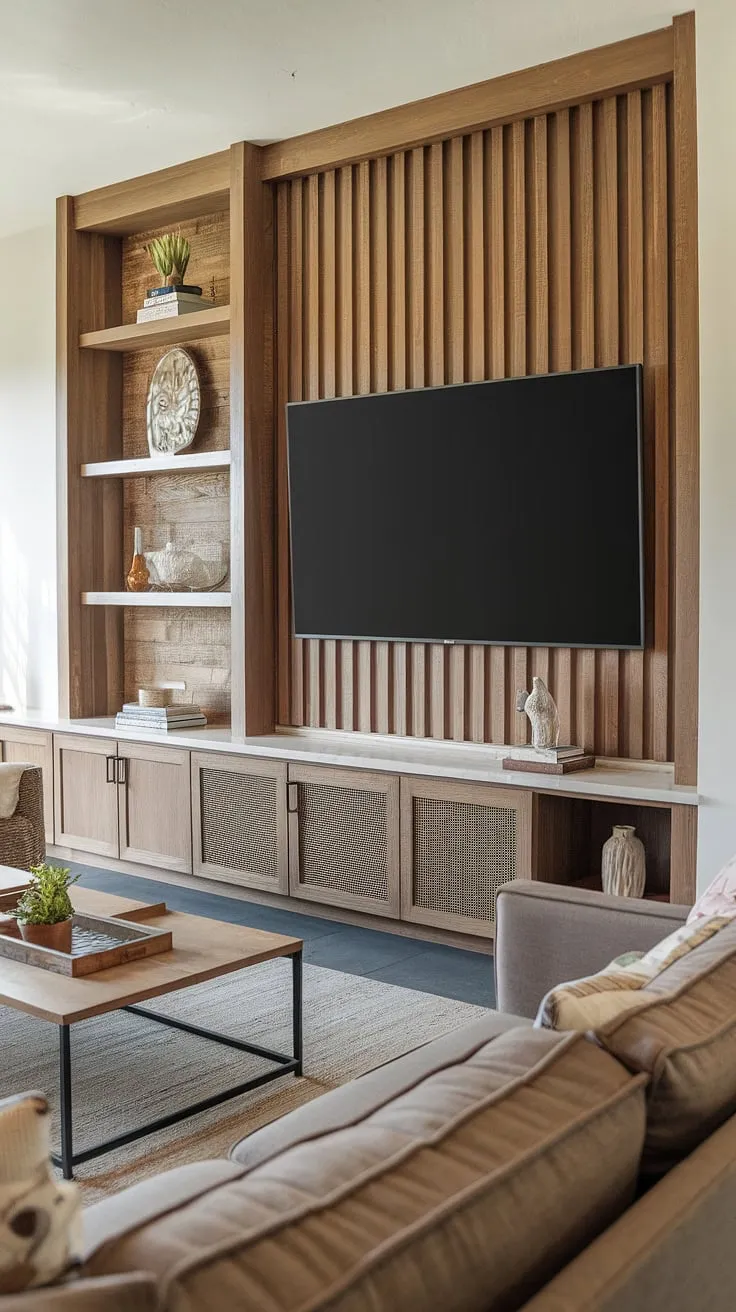 Warmth and style meet in this transitional living room, featuring an accent TV wall that's the perfect blend of function and design. The TV wall shelving ideas, combined with the accent wall paneling living room, offer clever tv wall organization and showcase the beauty of tv wall with panels. This transitional tv wall design is brimming with ideas for a tv wall.