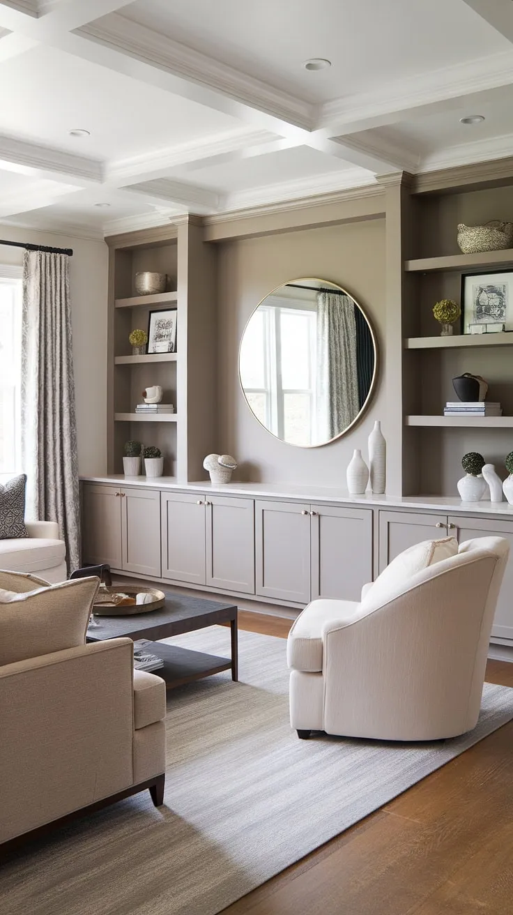 This transitional living room boasts a stunning accent TV wall, showcasing clever TV wall shelving ideas and seamless TV wall organization. The TV wall with panels and accent wall paneling living room create a sophisticated focal point, offering inspiration for your own tv wall ideas and transitional TV wall design. Ideas for a TV wall don't get much better than this.