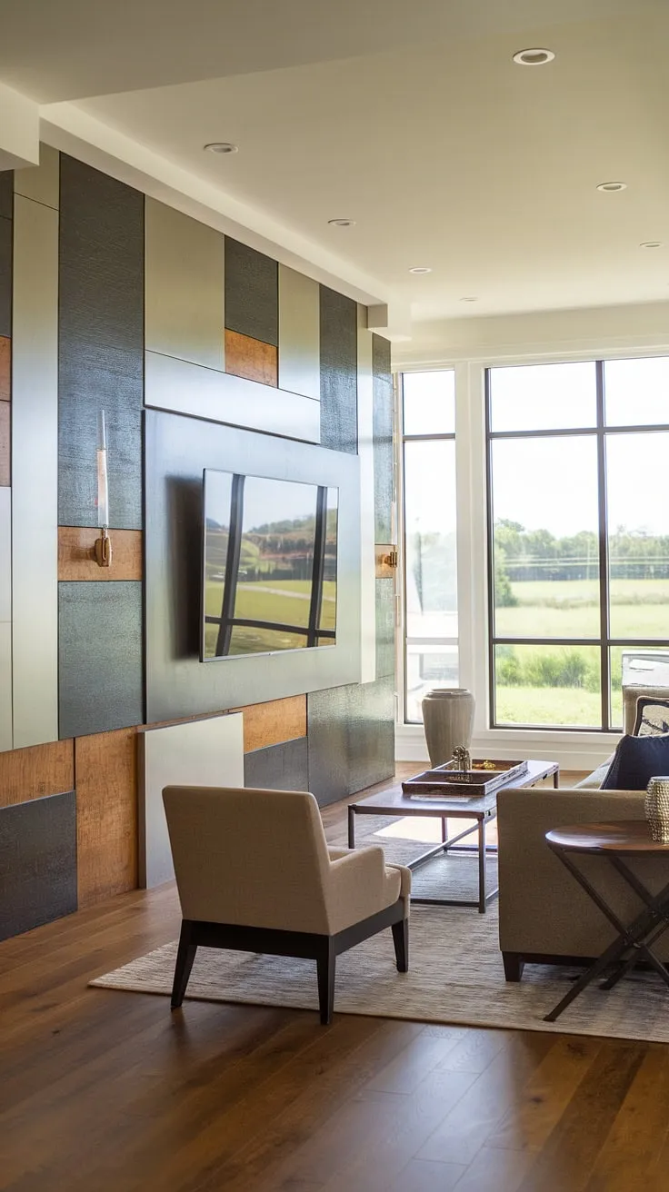 Elevate your living space with this accent TV wall. The tv wall panels create a unique transitional TV wall design, brimming with tv wall ideas and practical tv wall organization. Find inspiration for your own accent wall paneling living room here.