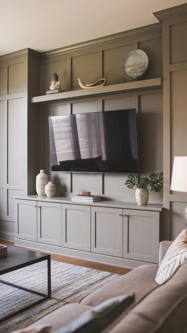 Sophisticated and functional, this accent TV wall showcases smart tv wall shelving ideas and excellent tv wall organization. The tv wall with panels and accent wall paneling living room design is a masterclass in transitional tv wall design, offering plenty of tv wall ideas for your own home.