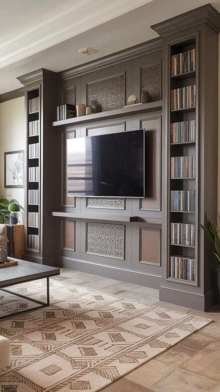 Elevate your living space with this stunning accent TV wall. Our tv wall shelving ideas showcase a sophisticated blend of form and function, making TV wall organization effortless. This tv wall with panels and accent wall paneling living room design is the perfect example of transitional TV wall design and offers plenty of ideas for a TV wall.
