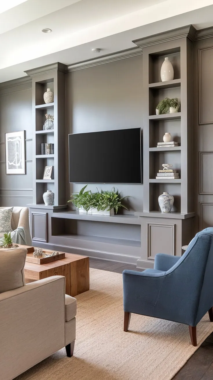 Elevate your living space with this transitional TV wall design. The accent TV wall features smart TV wall shelving ideas and thoughtful TV wall organization, all within a stylish tv wall with panels framework. Explore more tv wall ideas and accent wall paneling living room inspiration.