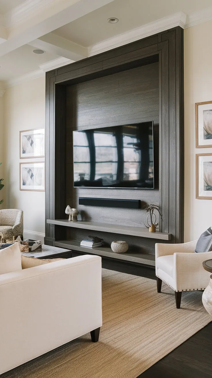 This transitional living room's stunning accent TV wall, complete with dark wood paneling and thoughtful TV wall shelving ideas, elevates the space. The clever tv wall organization and tv wall with panels create a sophisticated focal point, showcasing the best in accent wall paneling living room design. Plenty of tv wall ideas are incorporated here for a truly inspiring transitional TV wall design.