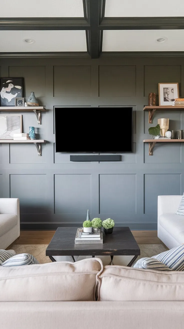 Elevate your living space with this stunning accent TV wall. The tv wall with panels and integrated shelving provide ample tv wall organization, making it a prime example of transitional TV wall design. Find inspiration for your own space with these ideas for a tv wall.