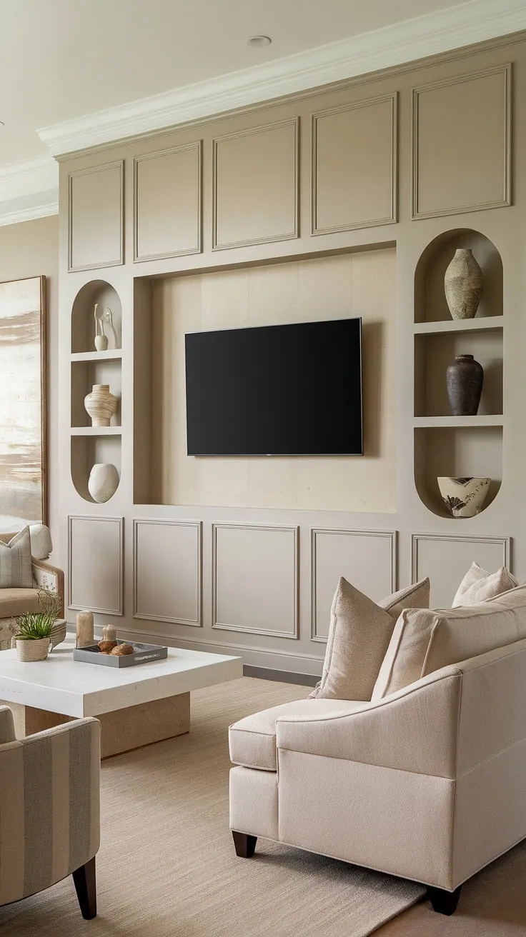 Elevate your living space with this accent wall paneling living room design. The transitional TV wall design incorporates smart tv wall organization and creative tv wall shelving ideas, proving that an accent TV wall can be both beautiful and practical. Explore more tv wall ideas with this inspiring example.