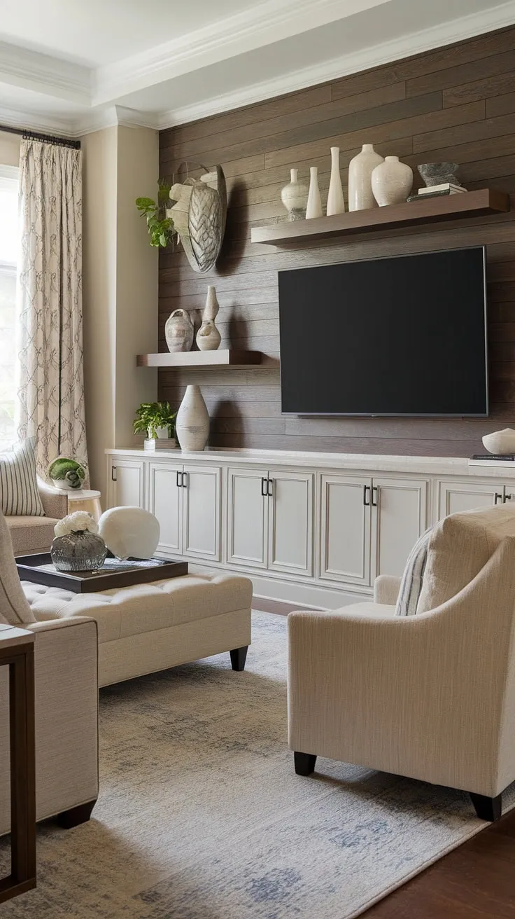 This transitional living room's stunning accent TV wall, featuring wood paneling and clever tv wall shelving ideas, offers both style and tv wall organization. The tv wall with panels creates a focal point, showcasing a perfect blend of form and function, embodying the best in tv wall ideas and transitional tv wall design. Ideas for a tv wall don't get much better than this.