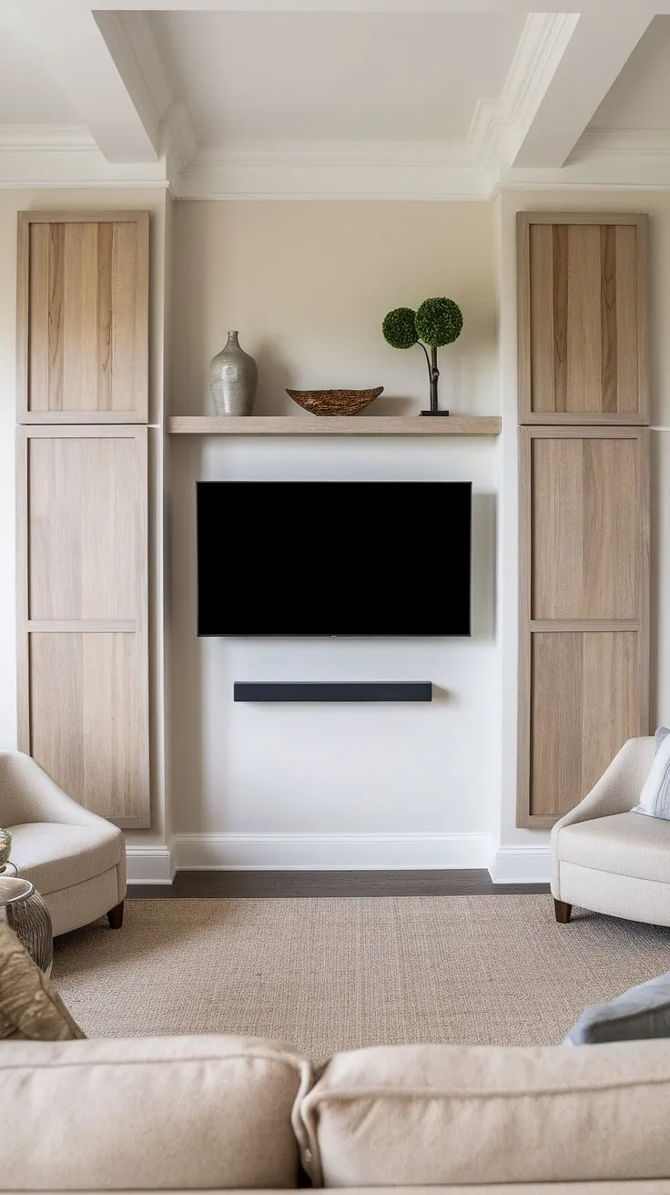 Clean lines and warm wood tones define this transitional living room's accent TV wall. The design incorporates clever TV wall organization with a large TV niche flanked by tall, narrow wood panels. Above, simple TV wall shelving ideas showcase decorative items. This TV wall with panels is a masterclass in accent wall paneling living room design, offering a wealth of inspiration for your own TV wall ideas. The result is a sophisticated and functional space, exemplifying the best in transitional TV wall design.