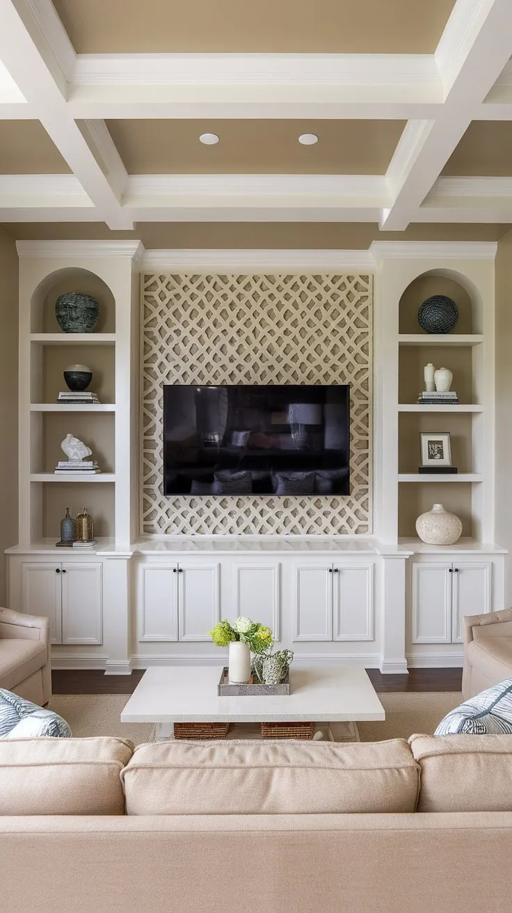 This transitional living room showcases a stunning accent TV wall, a perfect example of TV wall shelving ideas and TV wall organization. The built-in shelves flanking the TV provide ample storage, while the geometric accent wall paneling above adds a touch of modern sophistication. This TV wall with panels is a masterclass in transitional TV wall design, offering inspiration for anyone seeking ideas for a TV wall.