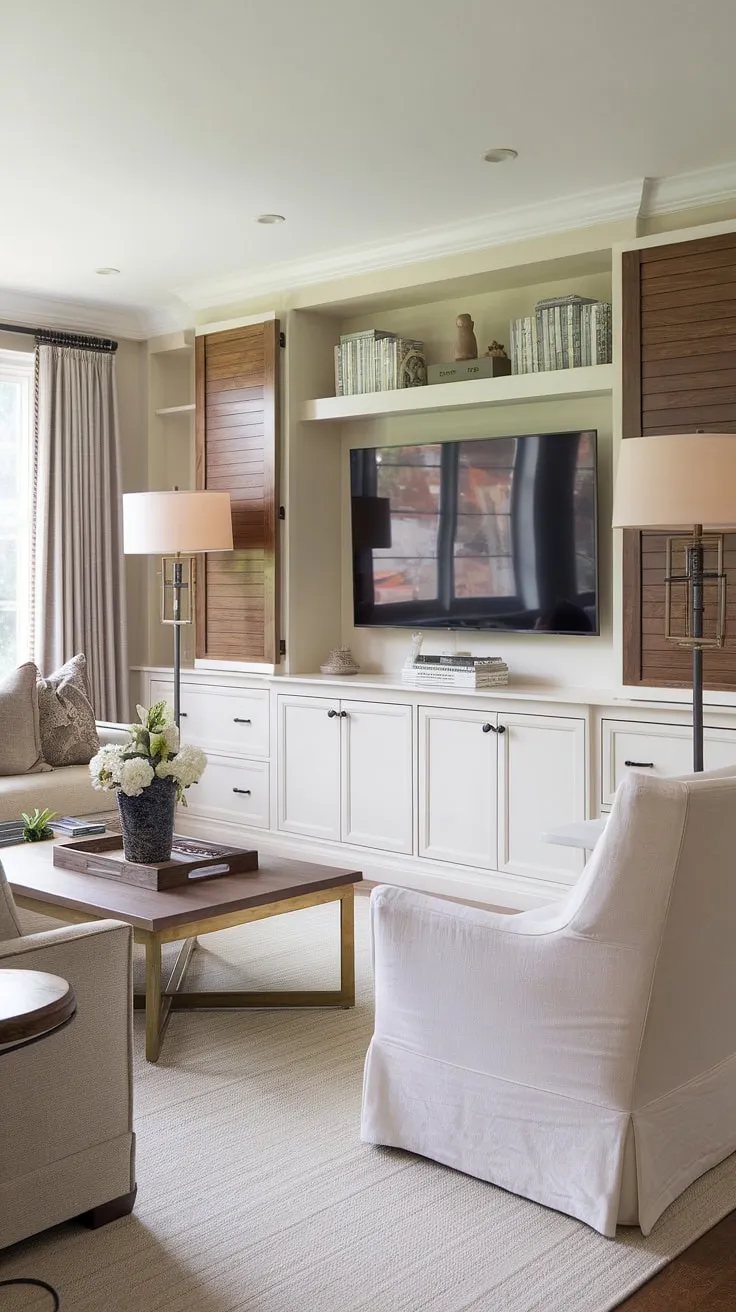 This transitional living room showcases a stunning accent TV wall, a perfect example of tv wall organization. The built-in cabinet with drawers and shelf offers clever tv wall shelving ideas, while the white paneling creates a clean accent wall paneling living room design. Floor lamps flank the tv wall with panels, complementing the beige sofa, white chair, and brass-based coffee table. This exemplifies transitional tv wall design and offers inspiring ideas for a tv wall.