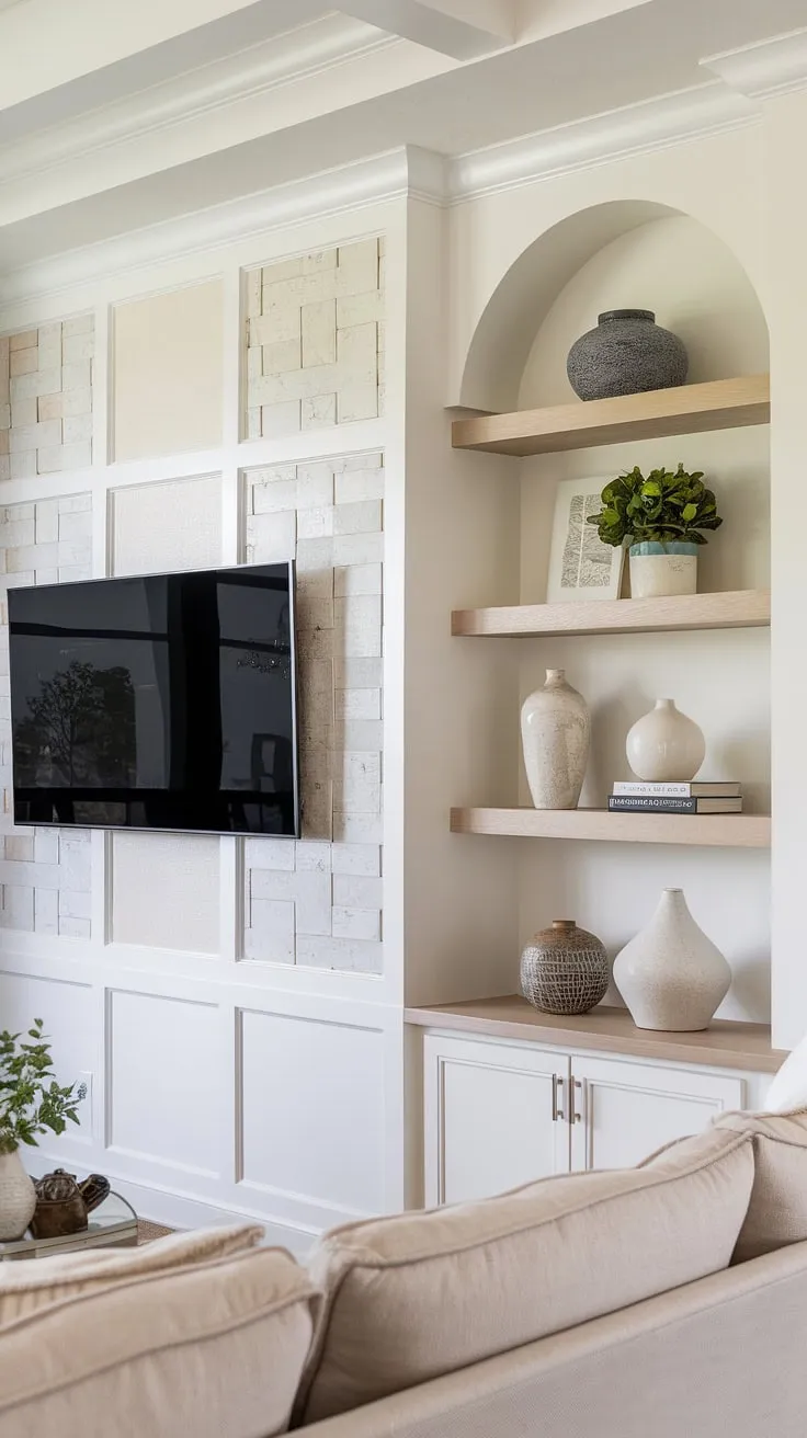 This transitional living room's accent tv wall is a masterclass in style and organization. The tv wall shelving ideas, combined with the unique panel design, create a stunning focal point. Clever tv wall organization maximizes space, while the accent wall paneling living room adds a touch of sophistication. Plenty of tv wall ideas are showcased in this beautiful transitional tv wall design.