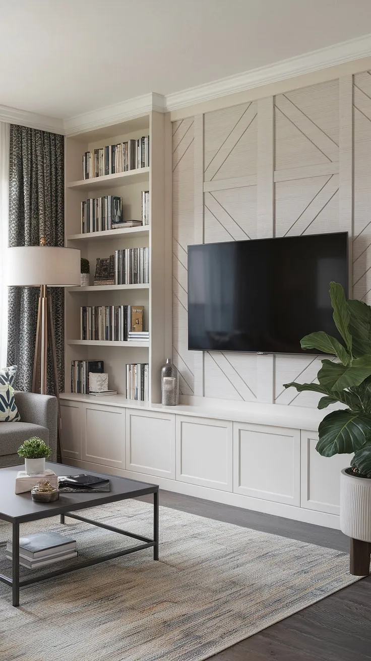 Elevate your living space with this transitional TV wall design. Clever tv wall shelving ideas maximize space and style, while the tv wall with panels creates a captivating focal point. Find more ideas for a tv wall that perfectly blends form and function.