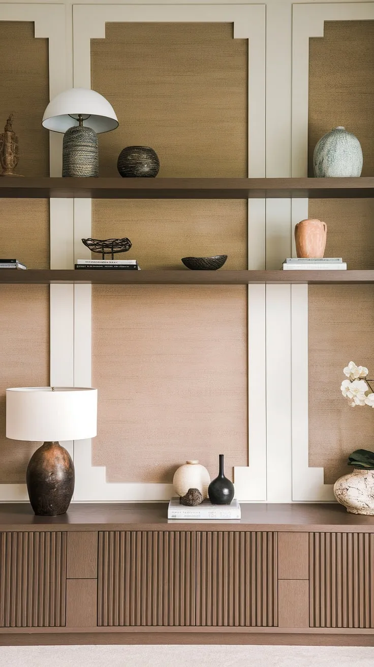 Elevate your living space with this elegant accent TV wall. Discover smart tv wall organization and stylish tv wall shelving ideas within this transitional tv wall design. The tv wall with panels and accent wall paneling living room add depth and texture. Explore more ideas for a tv wall like this.