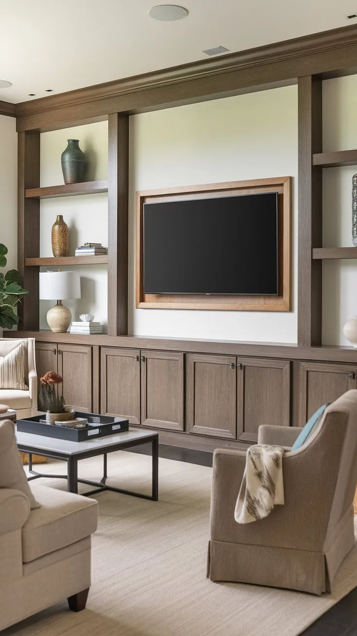 A sophisticated take on TV wall ideas, this living room features a built-in TV wall with panels, offering ample TV wall shelving ideas and excellent TV wall organization. The wood paneling creates a striking accent wall paneling living room, while the wooden TV frame adds a cohesive touch. The result is a seamless blend of form and function, a perfect example of transitional TV wall design. This image offers plenty of inspiration for anyone seeking ideas for a TV wall.