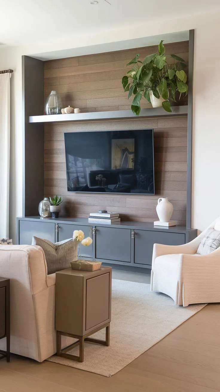 A sophisticated take on TV wall ideas, this living room features a striking accent TV wall with panels. The built-in shelving above the TV provides ample TV wall organization, showcasing a large plant. This TV wall with panels is a masterclass in accent wall paneling living room design, seamlessly blending warmth and functionality. The neutral color palette of the beige sofa, gray cabinet, and white chair complements the wood tones, creating a calming and stylish transitional TV wall design. This space offers plenty of tv wall shelving ideas for those seeking inspiration.