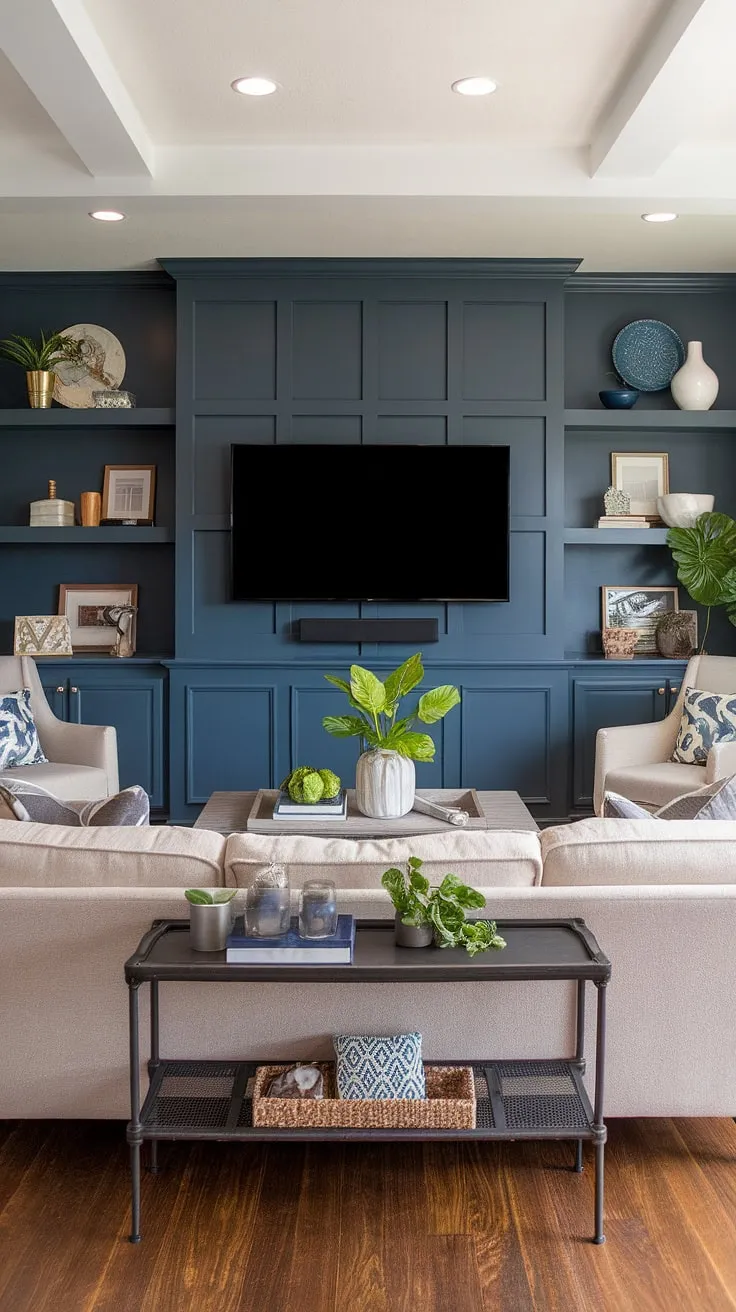 This transitional living room showcases a stunning accent TV wall, a masterclass in TV wall organization. The dark blue paint creates a dramatic focal point, while the built-in shelving and paneling above the TV offer clever TV wall shelving ideas and maximize space. The overall design is a perfect example of transitional TV wall design, providing both style and functionality. This is a great source of inspiration for ideas for a TV wall, demonstrating how to seamlessly integrate a TV into your living space with thoughtful TV wall ideas and accent wall paneling living room solutions.