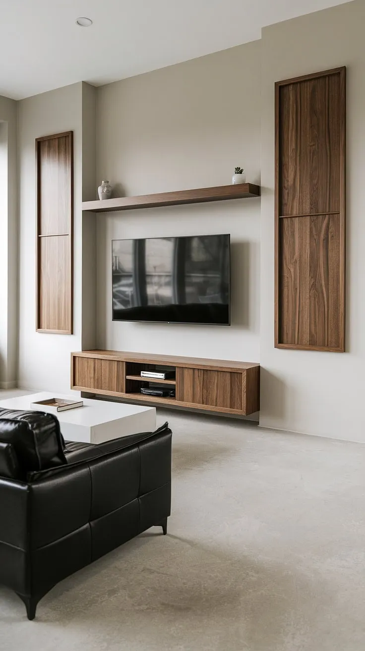 Elevate your living room with this stunning accent TV wall. The combination of white and wood, along with thoughtful tv wall organization, creates a sophisticated transitional tv wall design. Find more inspiration for tv wall with panels and accent wall paneling living room.