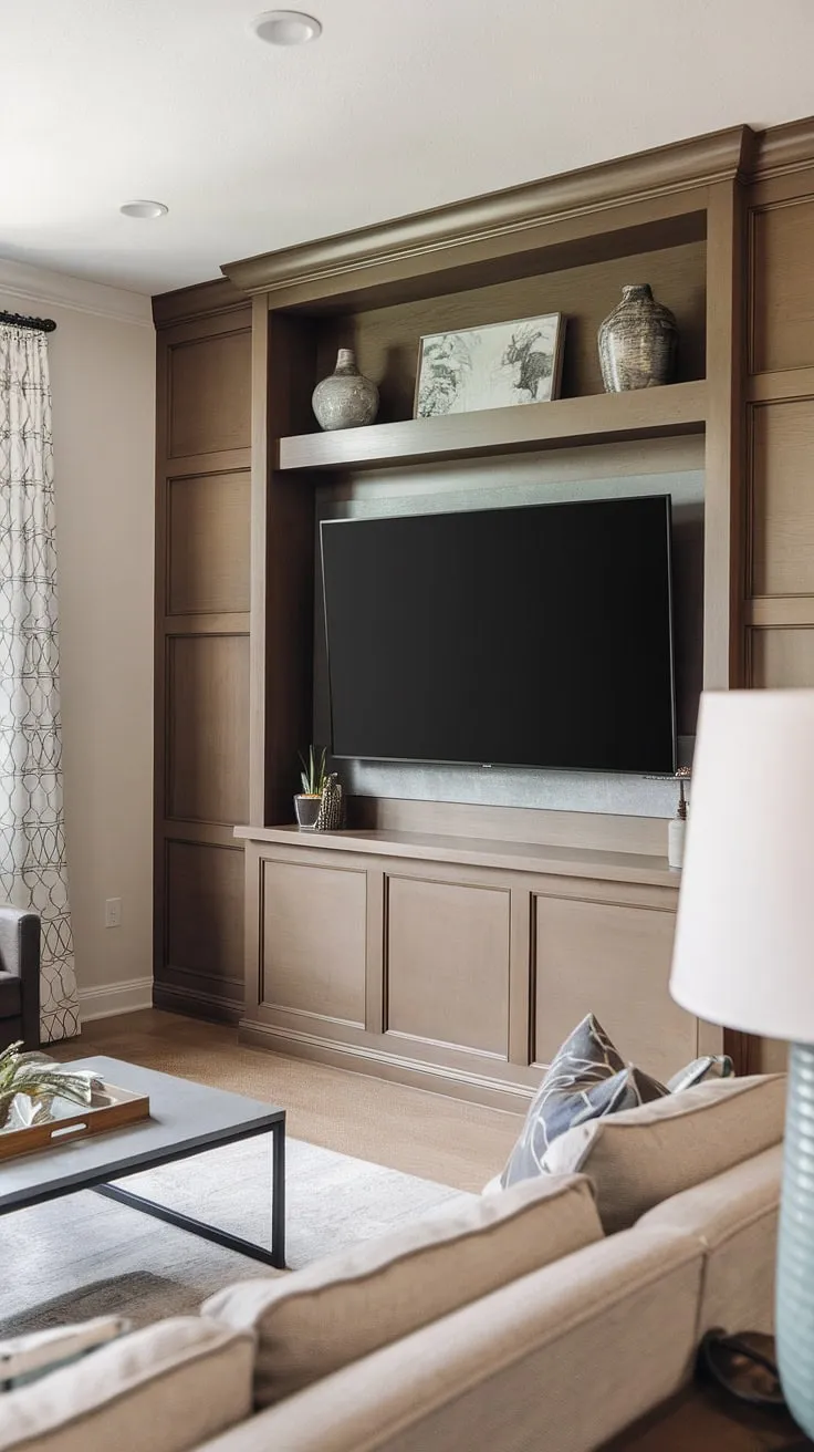 This transitional accent TV wall seamlessly blends style and function. The tv wall with panels and shelving offers clever tv wall organization, showcasing creative tv wall shelving ideas. A perfect example of accent wall paneling living room design and ideas for a tv wall.