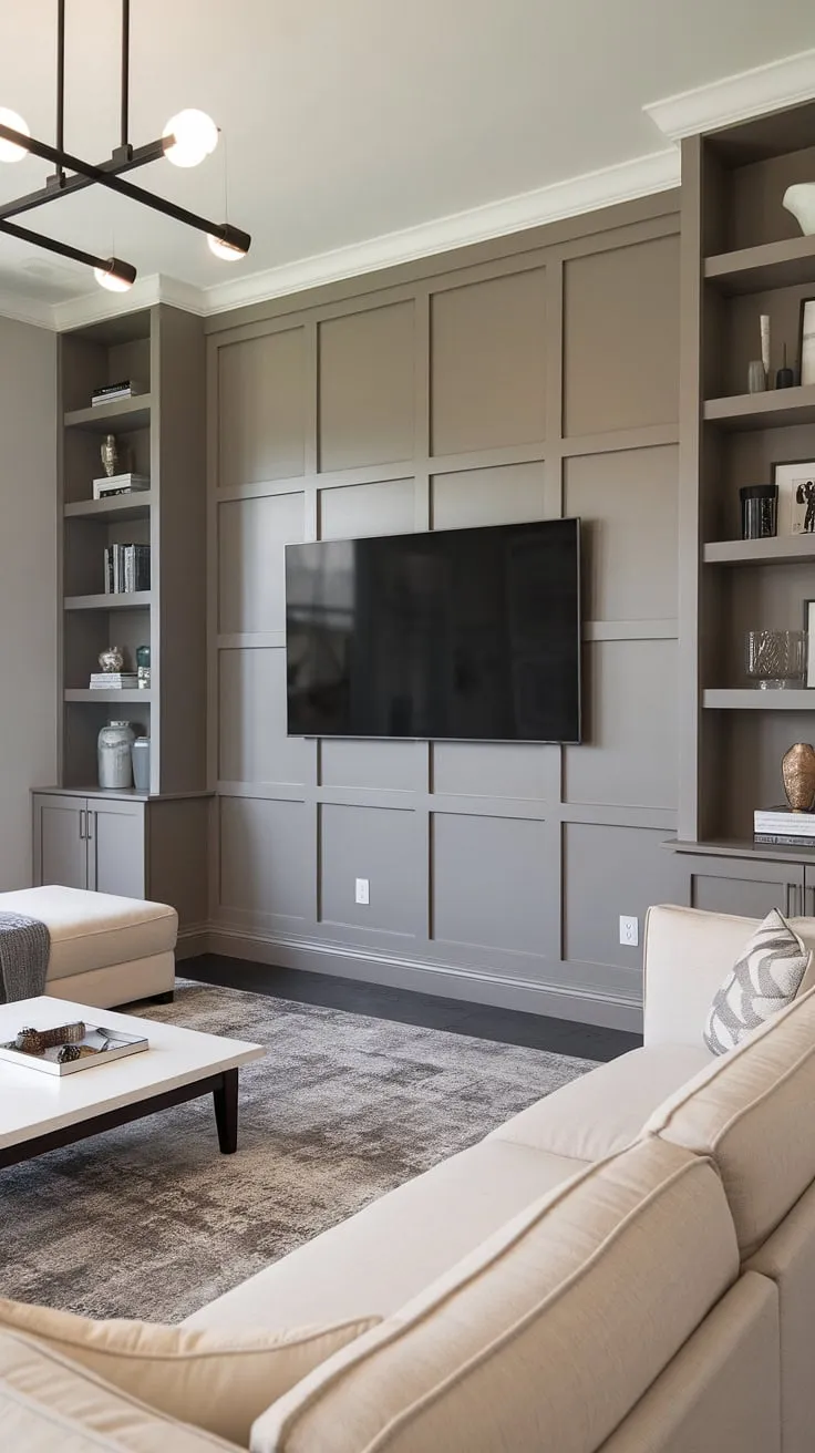 This transitional living room's stunning accent TV wall, featuring sleek paneling and creative TV wall shelving ideas, offers the perfect blend of style and functionality. The thoughtful tv wall organization maximizes space, showcasing a transitional TV wall design that's both elegant and practical. Ideas for a TV wall don't get much better than this.