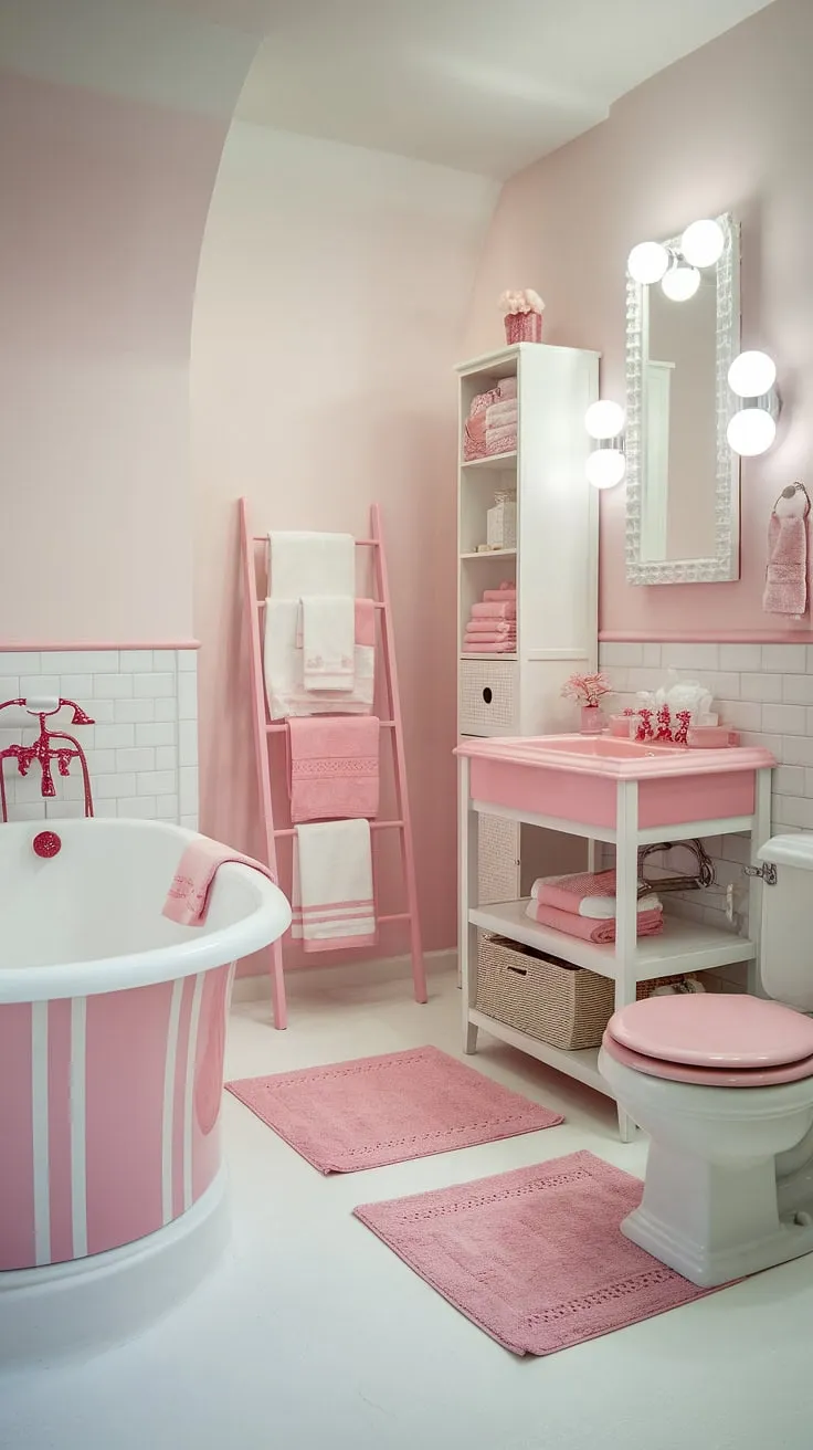 Transform your small space into a luxurious spa with this charming accessory bathroom. The pink and white color scheme, combined with thoughtful touches like the pink ladder and fluffy towels, delivers a spa-inspired bathroom decor that's both stylish and functional. Perfect for bathroom apartment ideas and a delightful girly gift idea.