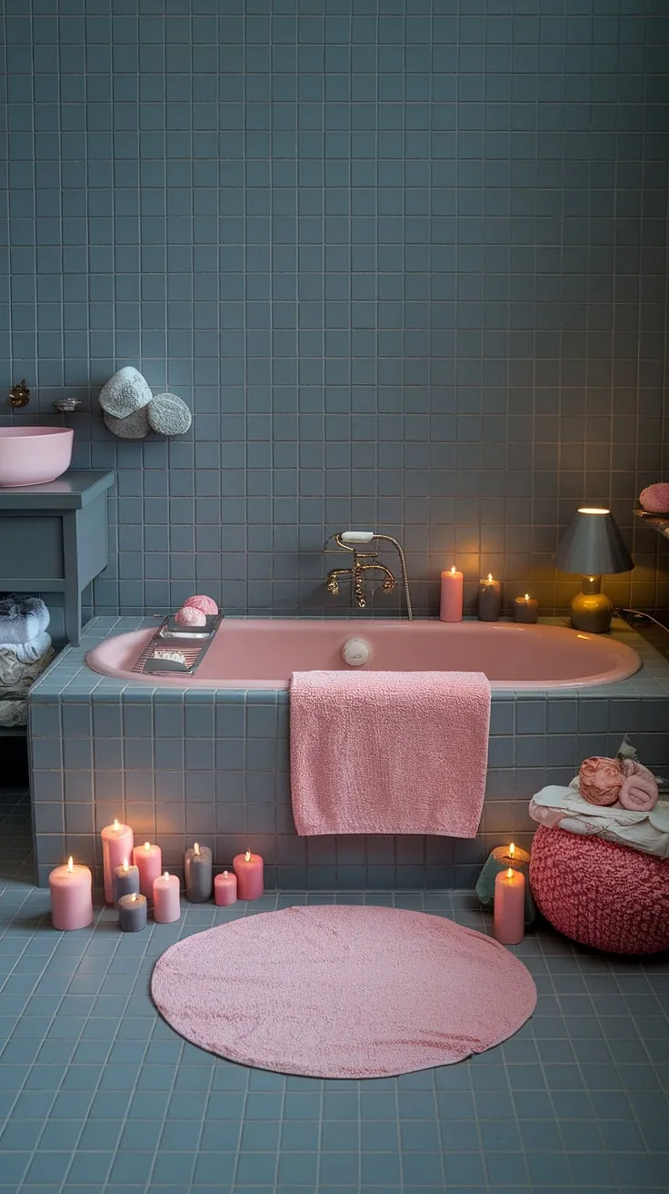 Transform your bathroom into a personal sanctuary with this dreamy spa-inspired bathroom decor. A pink bathtub takes center stage, surrounded by calming pink and grey accents, including a plush towel, elegant candles, and a luxurious bath bomb. The grey vanity and tiled floor complete this sophisticated yet girly aesthetic, offering inspiring bathroom apartment ideas and making it a perfect girly gift ideas for the ultimate pampering experience.