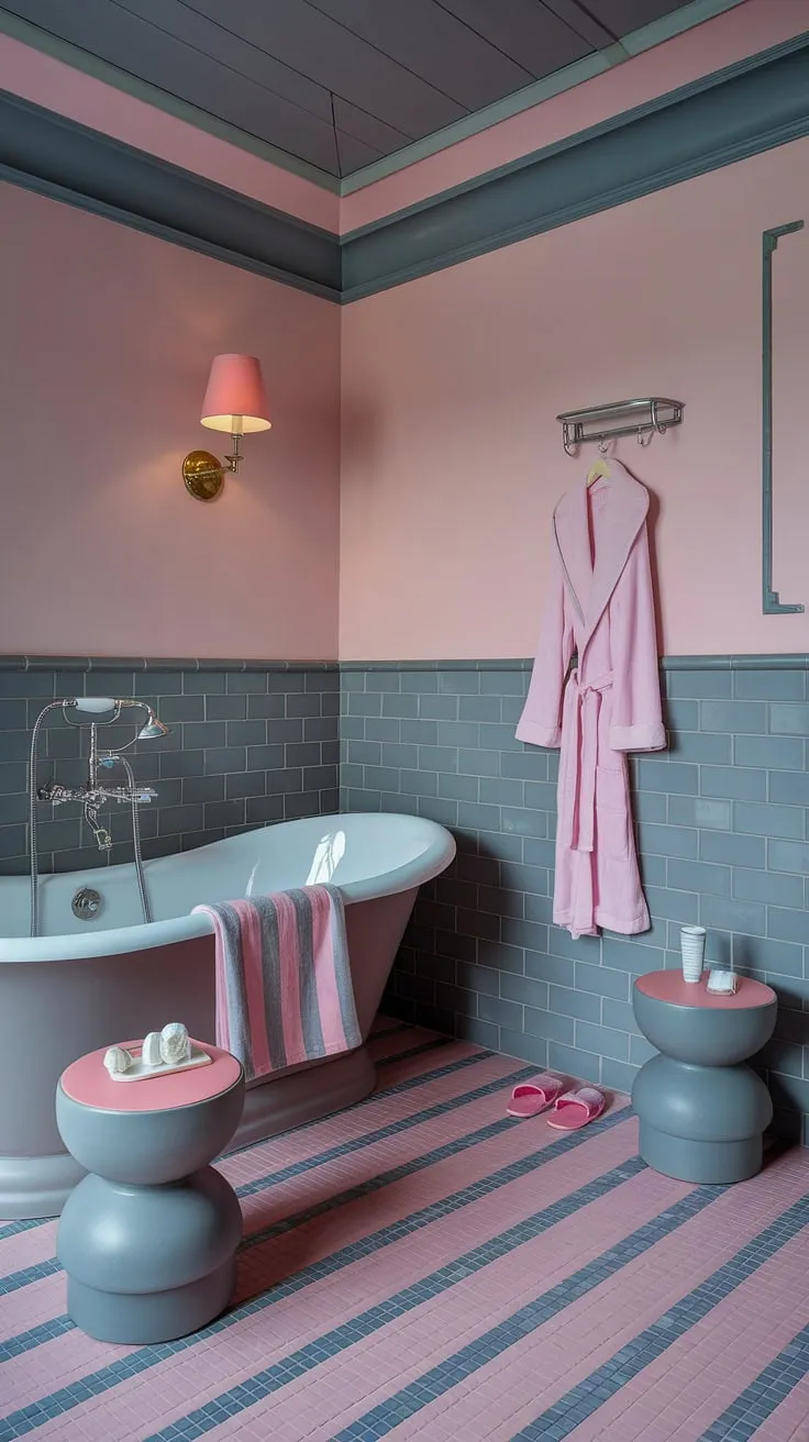 Transform your bathroom into a personal spa sanctuary with this dreamy pink and grey design. This accessory bathroom boasts a freestanding tub, complete with a striped cushion, and a convenient grey stool with a pink top. The pink robe and slippers add a touch of elegance, making it the perfect space for unwinding. Consider this inspiring bathroom decor for your apartment – a truly unique girly gift idea.