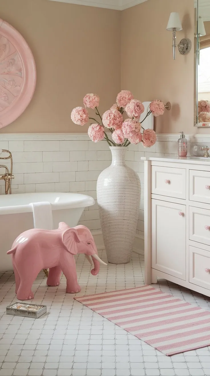 Indulge in tranquility with this spa-inspired bathroom design. The soft beige walls, pink and white striped rug, and charming pink elephant statue create a serene atmosphere. Perfect bathroom apartment ideas, this space showcases thoughtful spa-inspired bathroom decor, making it the ultimate girly gift ideas for the discerning homeowner. The pink faucet is a delightful accessory bathroom detail.