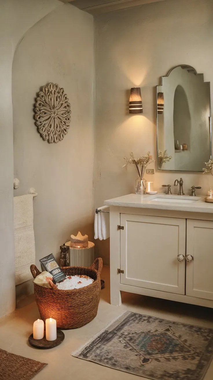 This accessory bathroom showcases the perfect blend of style and relaxation. Get inspired by this spa-inspired bathroom decor for your own apartment bathroom ideas; it's the ultimate girly gift idea for yourself or a friend.