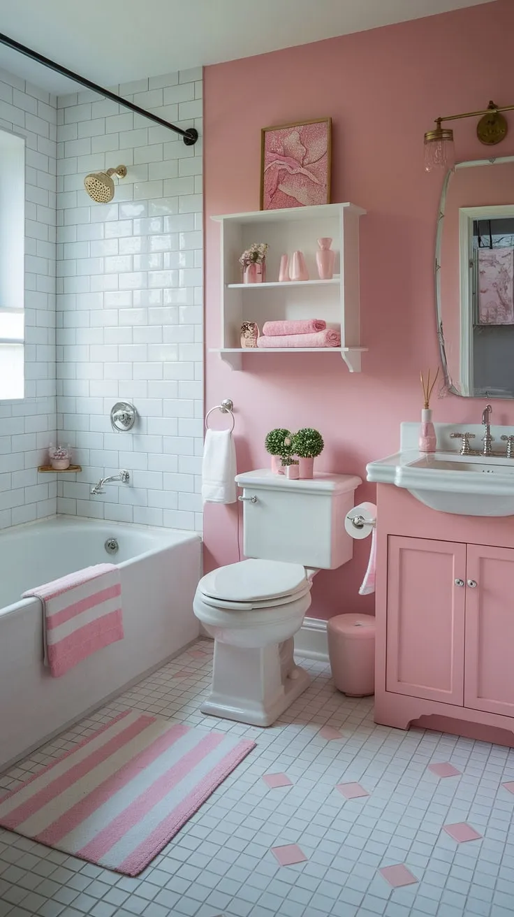 Transform your small space with this chic accessory bathroom. Apartment bathroom ideas meet spa-inspired luxury in this pink and white haven. The perfect girly gift idea for the ultimate self-care enthusiast.
